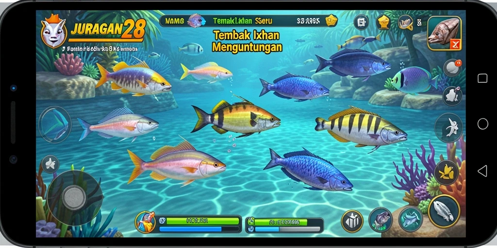 Screenshot gameplay JURAGAN28 yang menampilkan aksi seru menembak ikan.