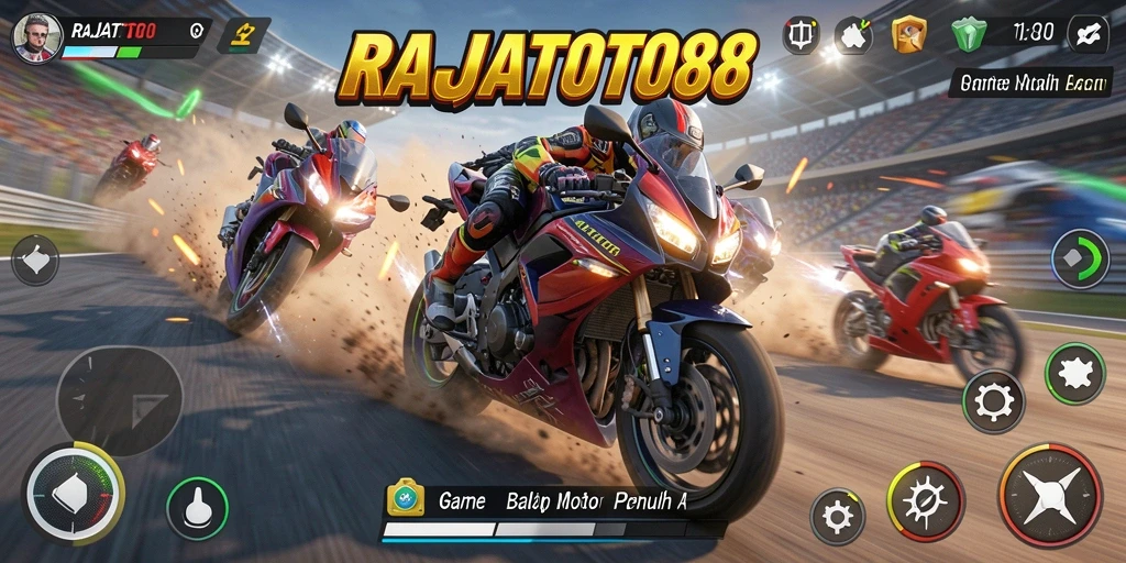 Tampilan seru gameplay RAJATOTO88 saat balapan motor.