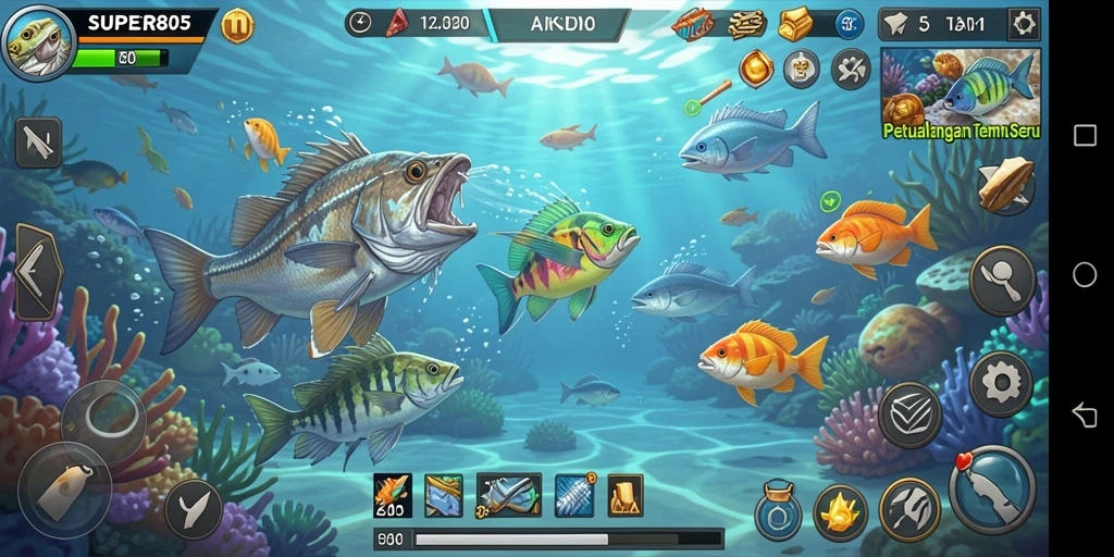 Gameplay SUPER805 yang menarik dengan beragam ikan untuk ditangkap.
